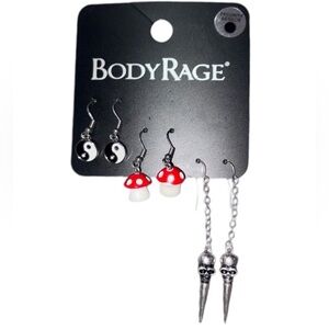 Body Rage Set Of 3 Resin Mushroom, Yin & Yang & Dagger Dangles Earrings NEW!